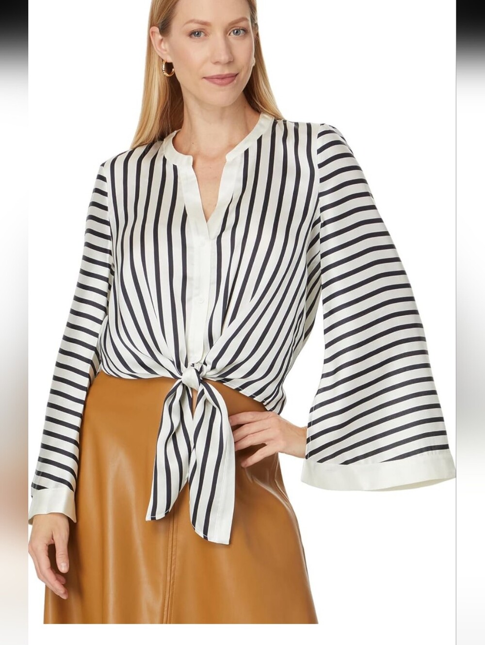 Black and White Vertical Stripe Tie-Front Blouse Split Bell Sleeve Chic Flowy M - Picture 9 of 10